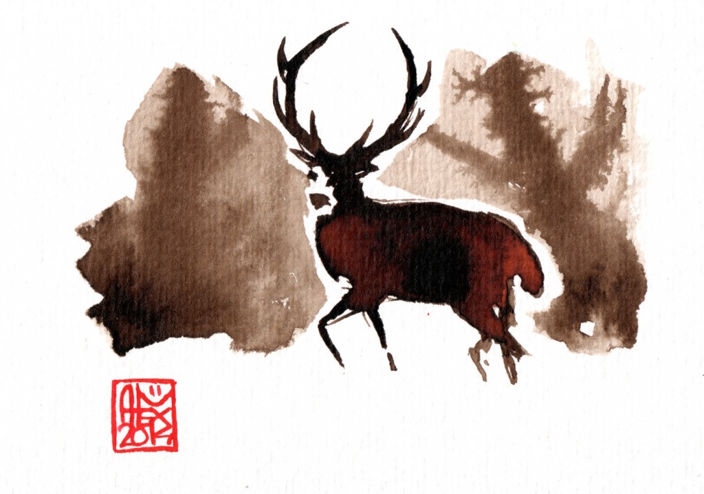 Cerf / deer : Aquarelle et brou de noix sur papier 250gr / Watercolor and walnut stain on paper 250gr 10.5 x 15 cm / 4.13x 5.9 in