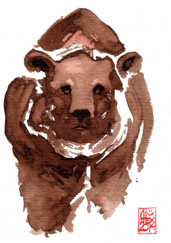 Ours grizzly / grilzzly bear : Aquarelle et brou de noix sur papier 250gr / Watercolor and walnut stain on paper 250gr 10.5 x 15 cm / 4.13x 5.9 in