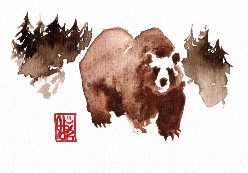 Ours grizzly / grilzzly bear : Aquarelle et brou de noix sur papier 250gr / Watercolor and walnut stain on paper 250gr 10.5 x 15 cm / 4.13x 5.9 in