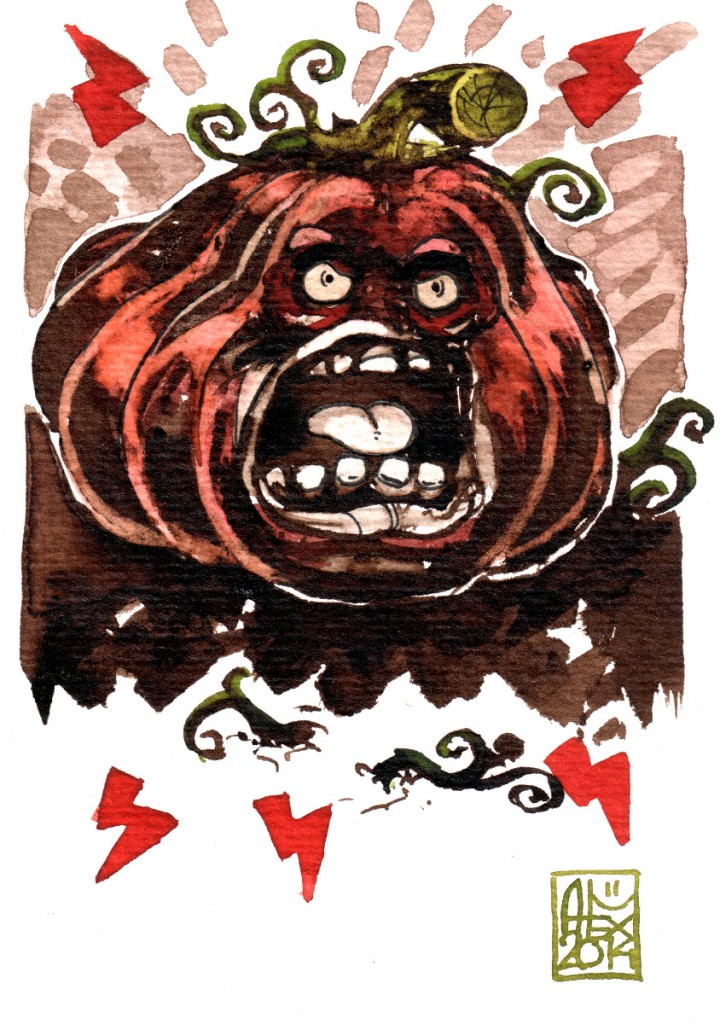 Angry pumpkin : Aquarelle et brou de noix sur papier 250gr / Watercolor and walnut stain on paper 250gr 10.5 x 15 cm / 4.13x 5.9 in