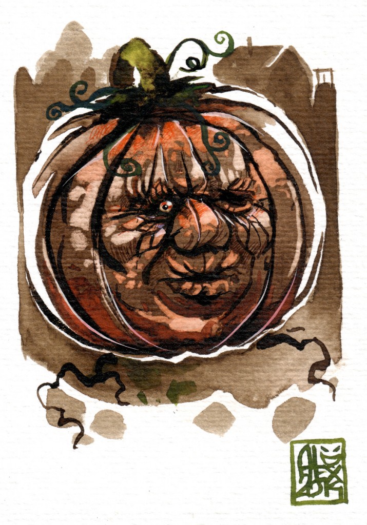 One eye pumpkin : Aquarelle et brou de noix sur papier 250gr / Watercolor and walnut stain on paper 250gr 10.5 x 15 cm / 4.13x 5.9 in