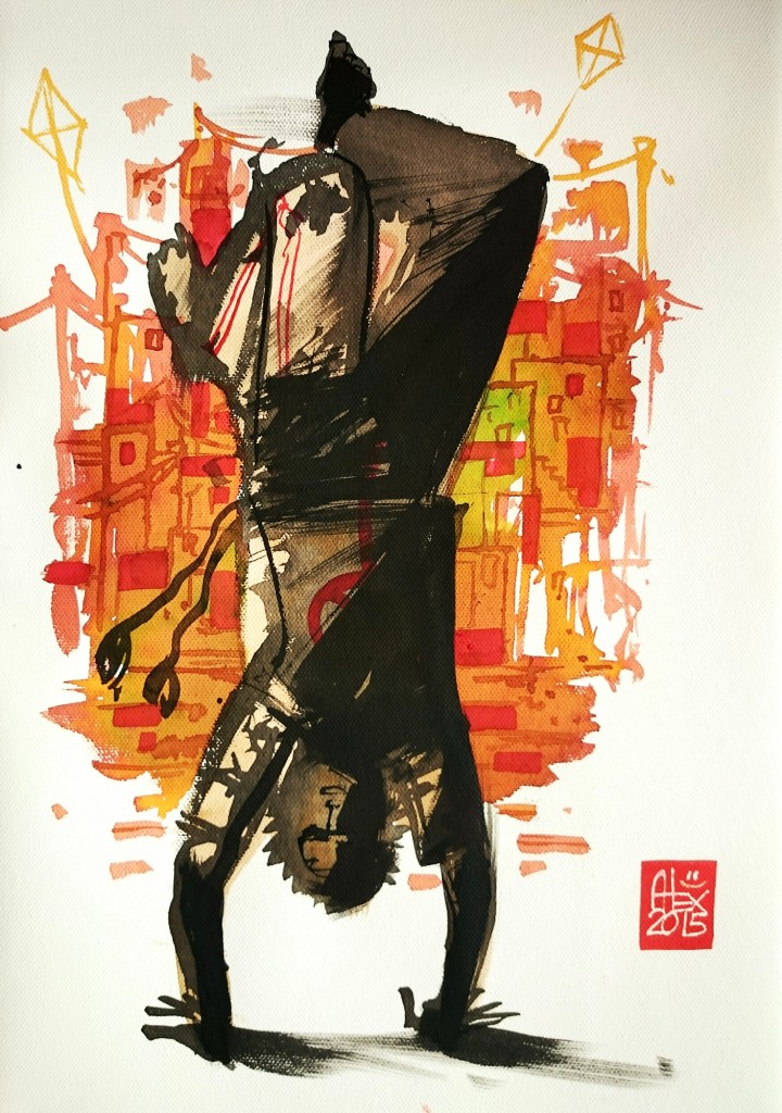 Illustration : Capoeira – 772 [ #capoeira #watercolor #illustration] encre sur toile / Ink on canvas 29.7 x 42 cm / 11.7 x 16.5 in