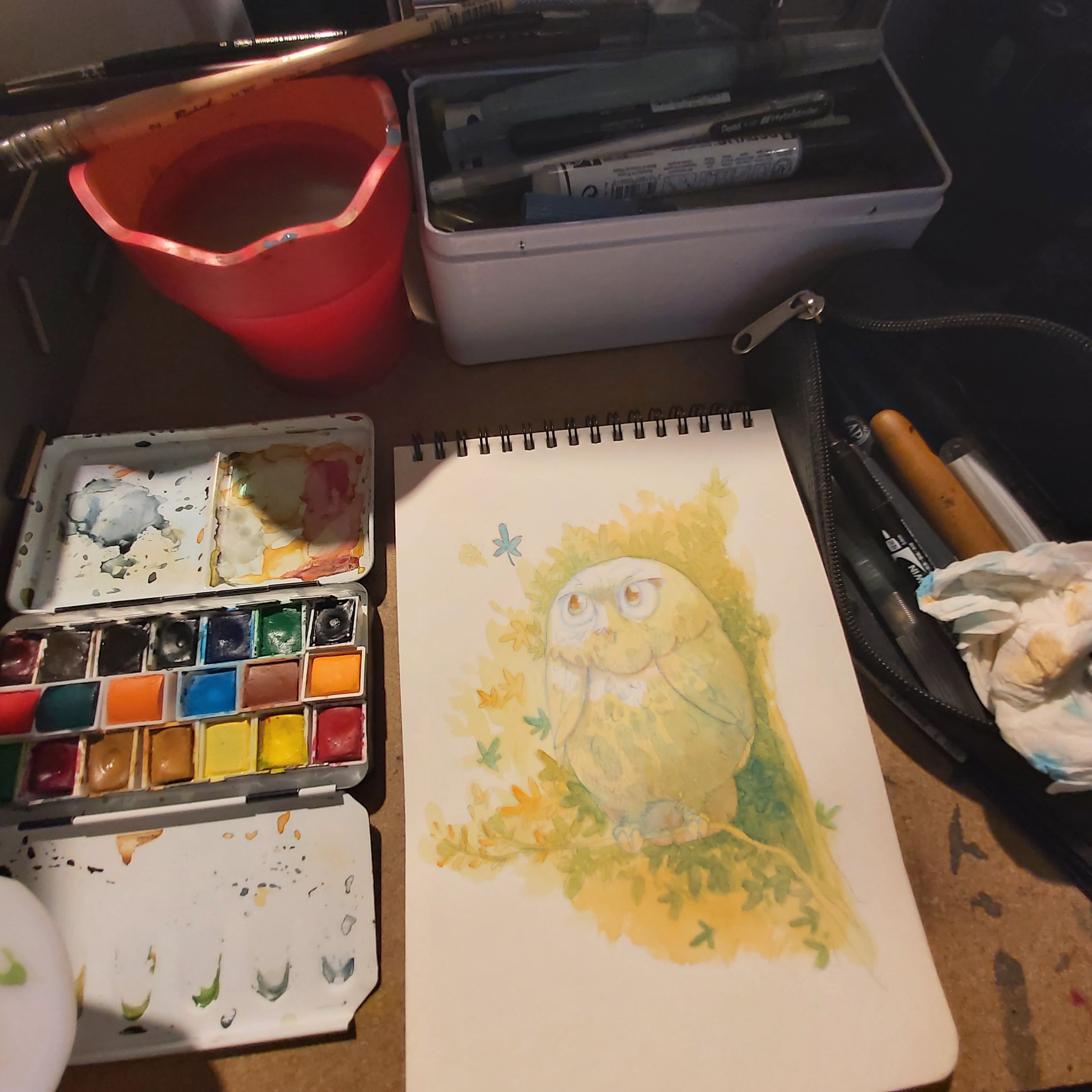 En cours de réalisation : un hibou en aquarelle