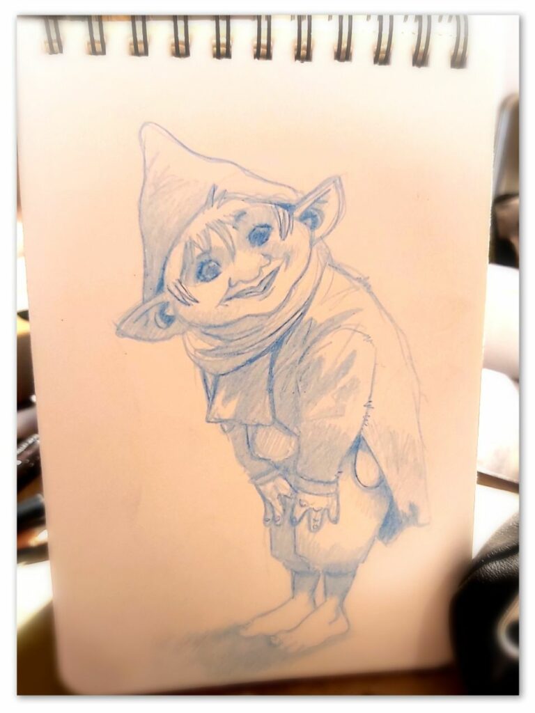 Petit Kobold espiègle en crayonné bleu