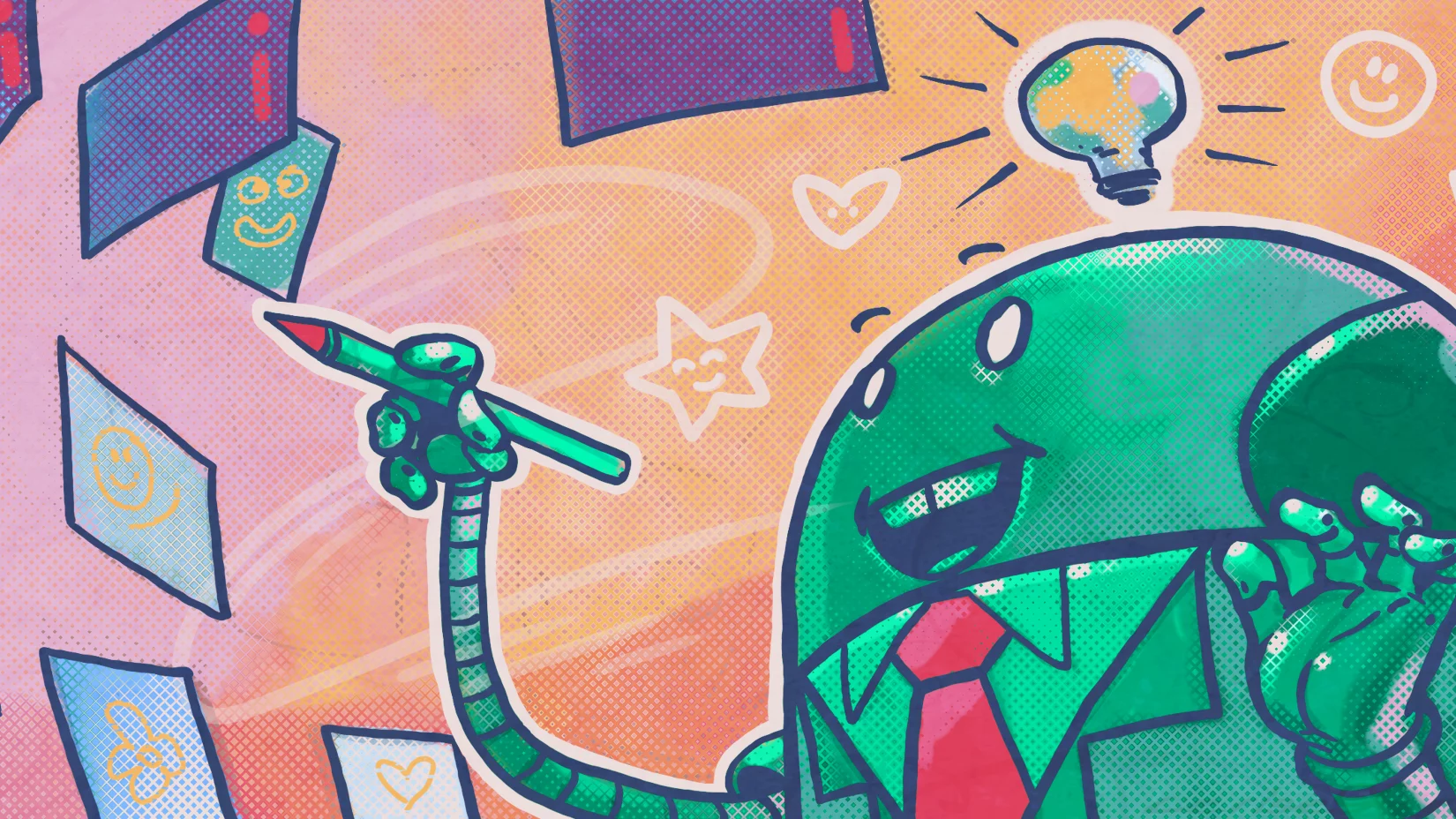 Illustration de couleurs vives représentant un sympathique robot en train de dessiner sur un support vituel