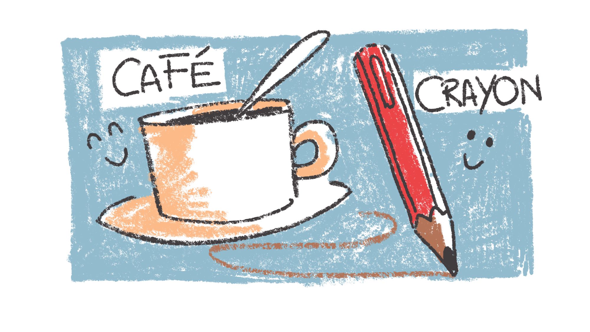 Dessin à la craie grasse représentant une tasse de café et un crayon