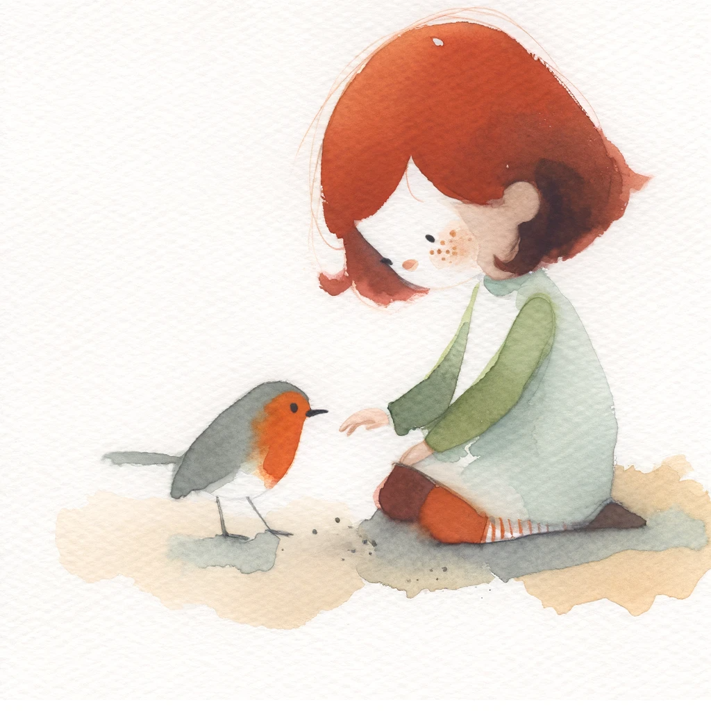 Illustration douce et enfantine à l'aquarelle représentant une petite fille tendant la main à un rouge gorge