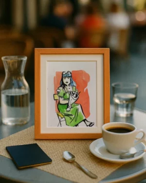 Photo d'une terrasse de café avec un portrait de femme posé sur la table