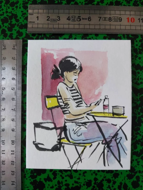 Femme et café 0004 – Œuvre originale signée (10 x 12.5cm) – Image 3