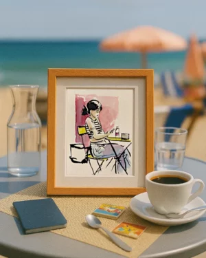 Photo d'une terrasse de café à la plage avec un portrait de femme posé sur la table