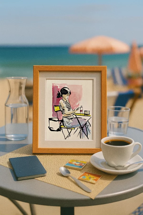Photo d'une terrasse de café à la plage avec un portrait de femme posé sur la table