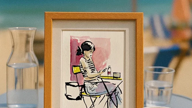 Photo d'une terrasse de café à la plage avec un portrait de femme posé sur la table