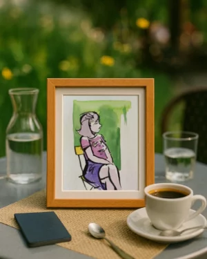 Photo d'une terrasse de café à la campagne avec un portrait de femme posé sur la table