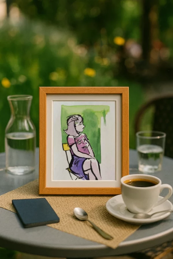 Photo d'une terrasse de café à la campagne avec un portrait de femme posé sur la table